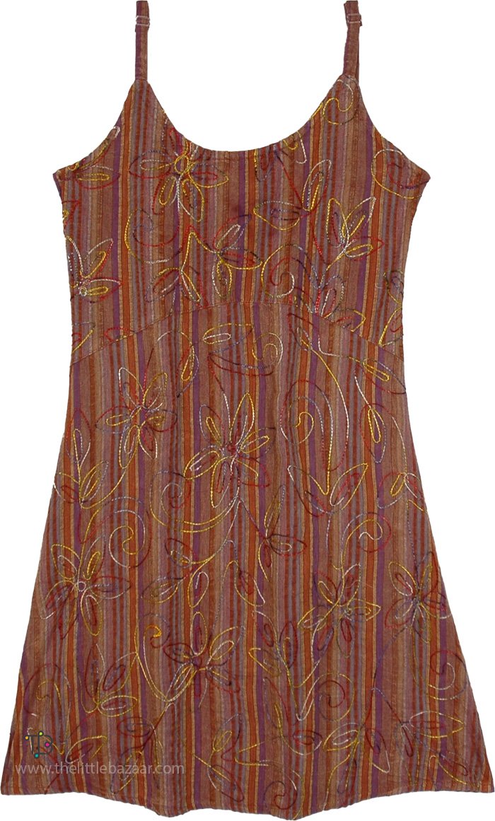 Terracotta Stripes Embroidered Summer Cotton Dress