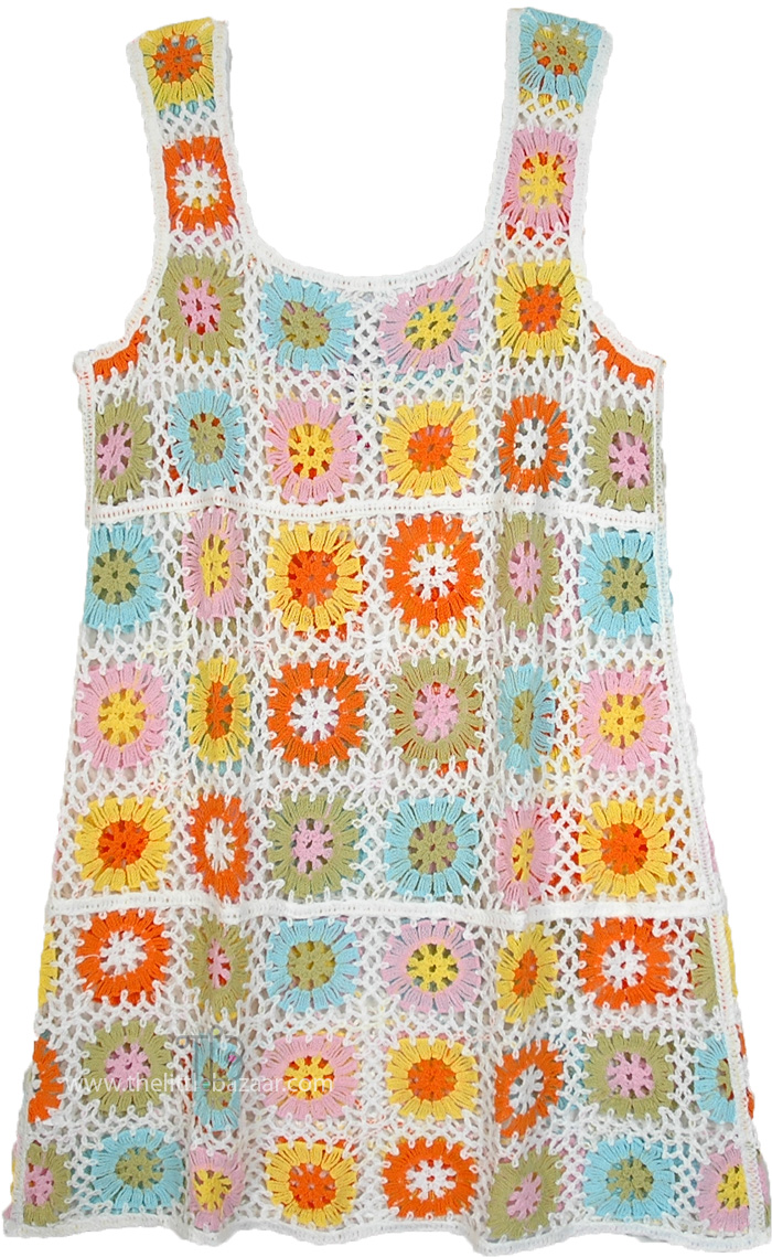 Loose Fit Style Beach Cover Dress Colorful Crochet Flowers, Pastel Love Crochet Midi Beach Cover Dress
