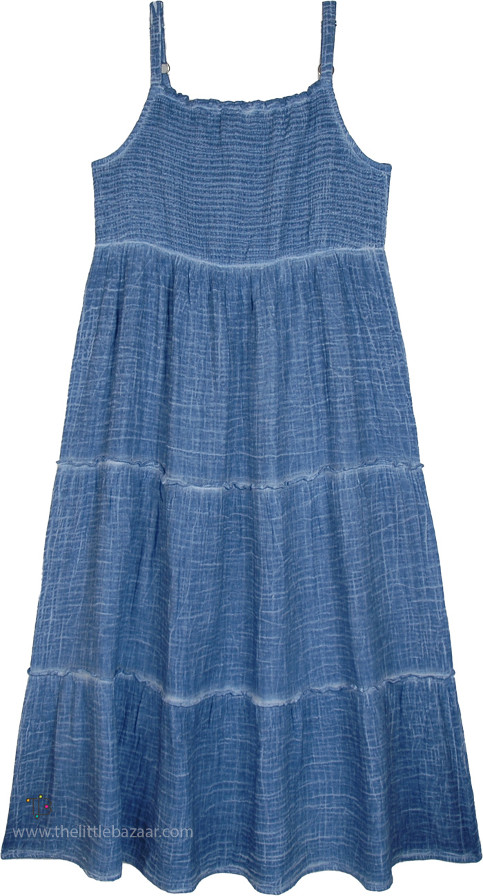 Crinkled Blue Washed Cotton Tiered Summer Dress