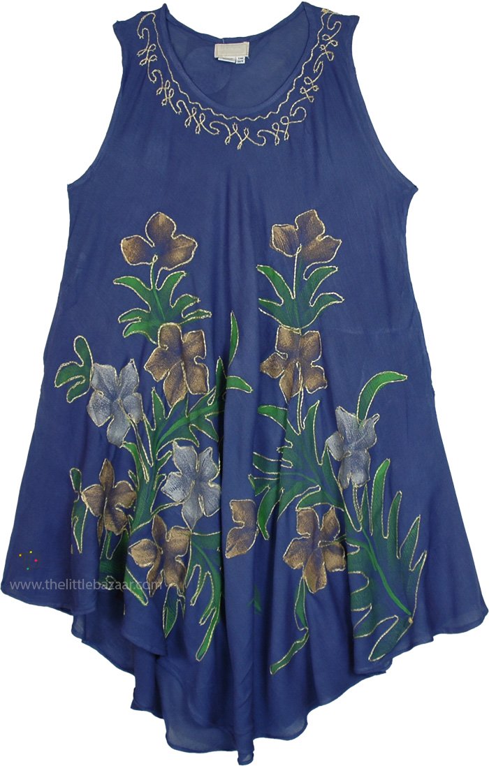 Painted Floral Beach Dress in Denim Blue