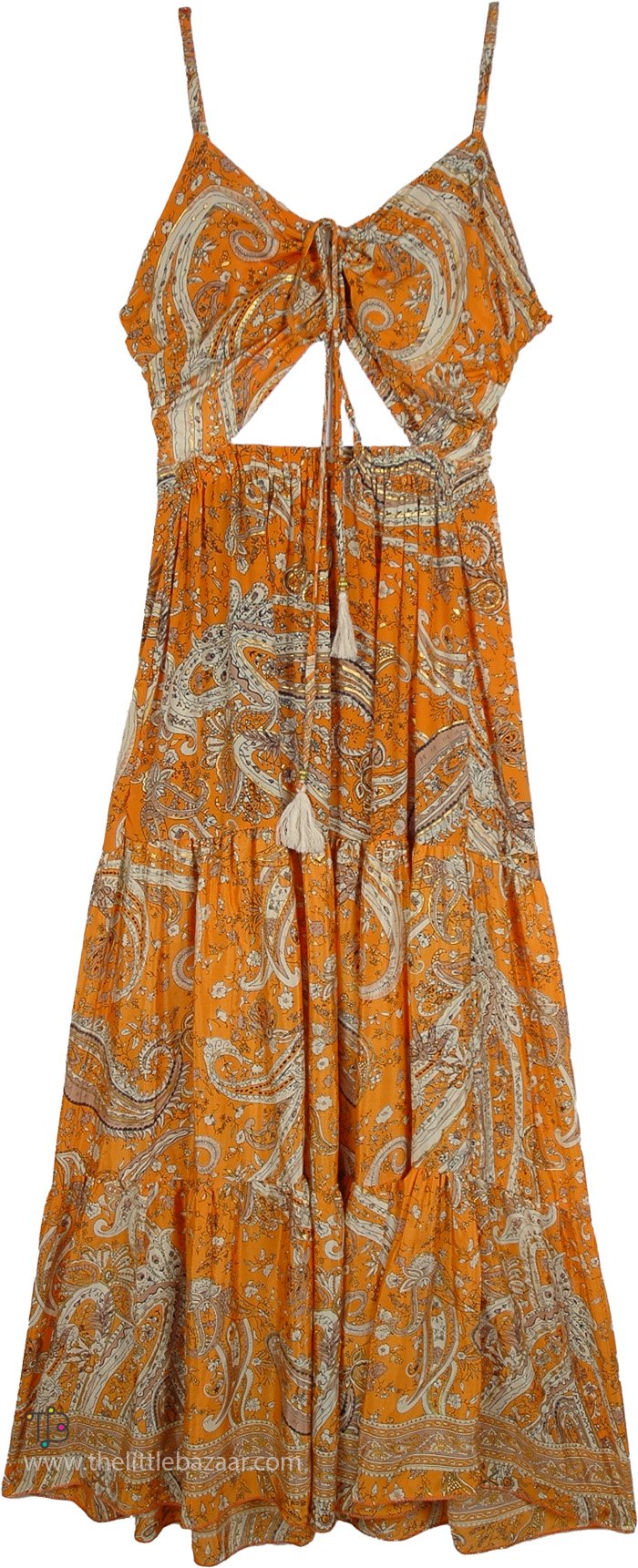 Tangerine Paisley Tiered Boho Summer Maxi Dress