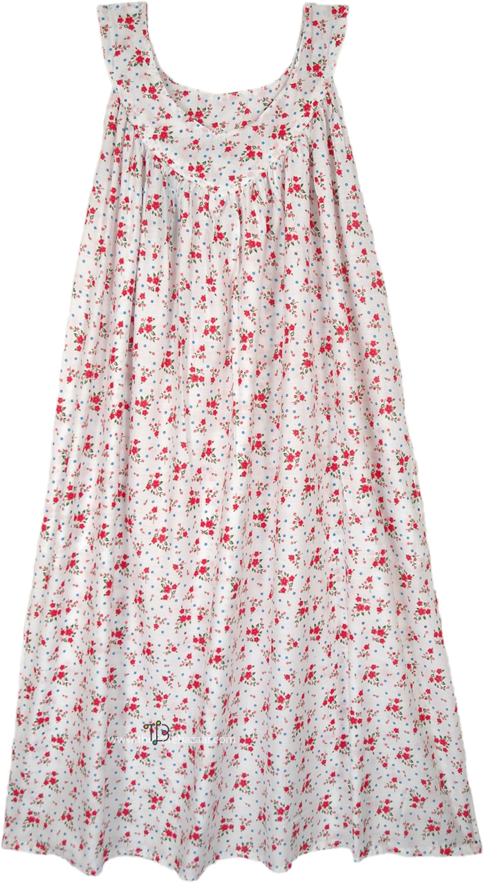 Red Poppy Floral White Sleeveless Cotton Night Dress