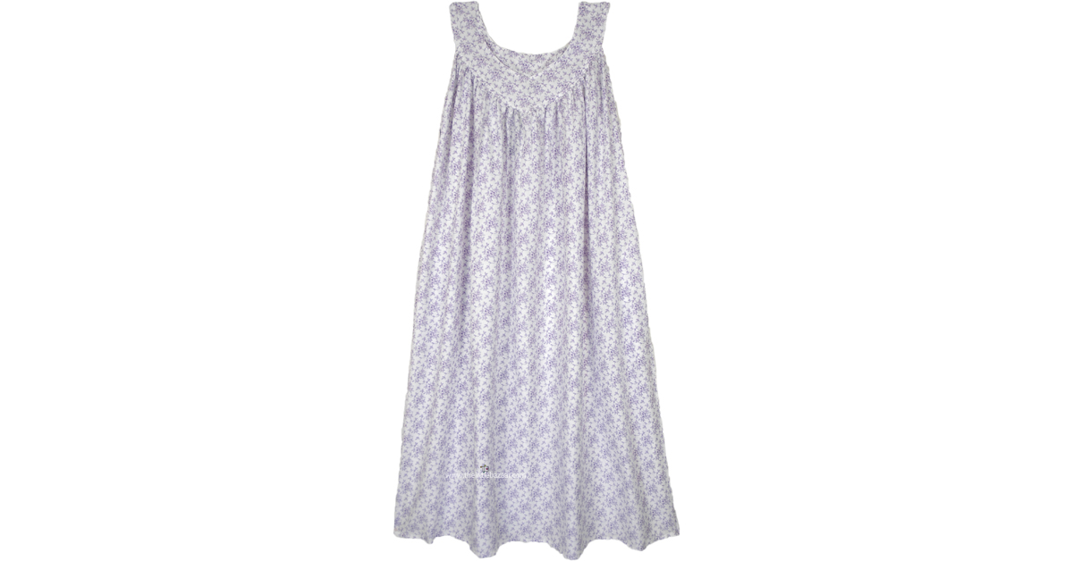 Lavender Vine White Sleeveless Cotton Night Dress | Dresses | Blue |  Sleeveless, XL-Plus, Pocket, Floral, Printed
