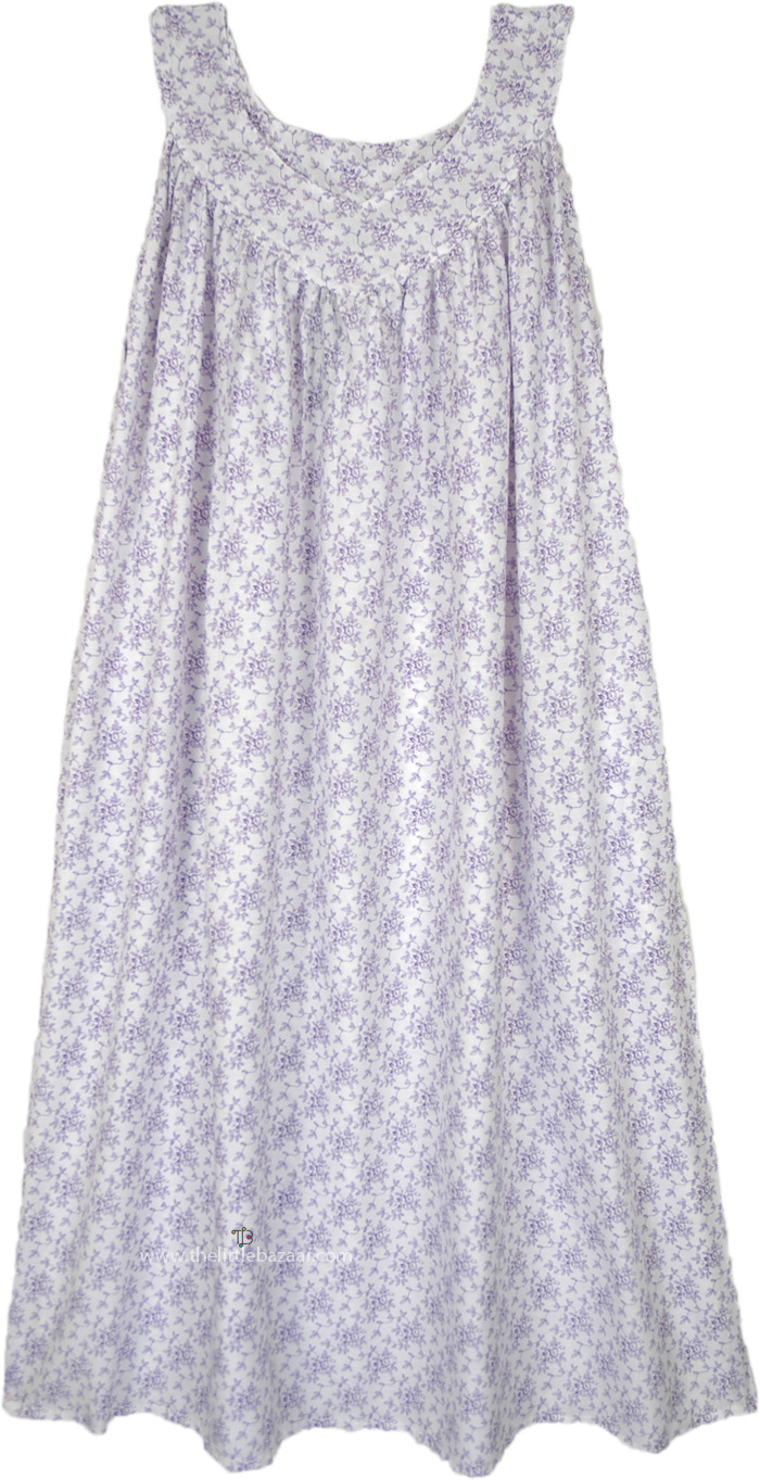 Lavender Vine White Sleeveless Cotton Night Dress