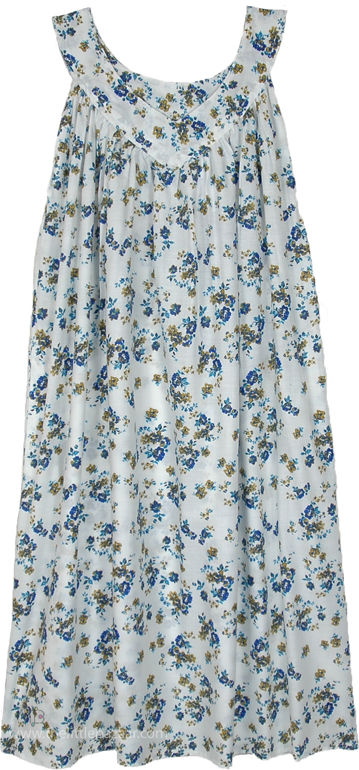 Blue Floral Print Cotton Night Dress, Navy Bloom Cotton Sleeveless Nightdress