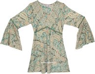 Green Paisley Short Dress with Bell Sleeves