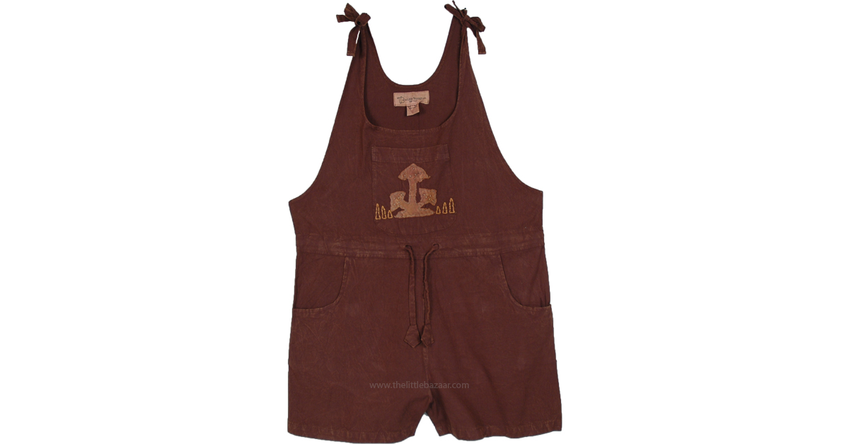 Whimsical Mushroom TieTop Cotton Romper Dresses Brown Sleeveless