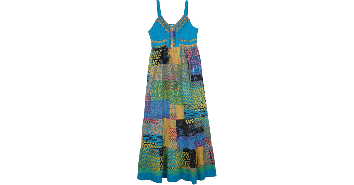 ★LOOPLOOP★Mesh Beach Dress★Bohemian Patchwork_Sky Blue★ Lily's Botanical Print Backless Knitted Beach Cover-Up Dress