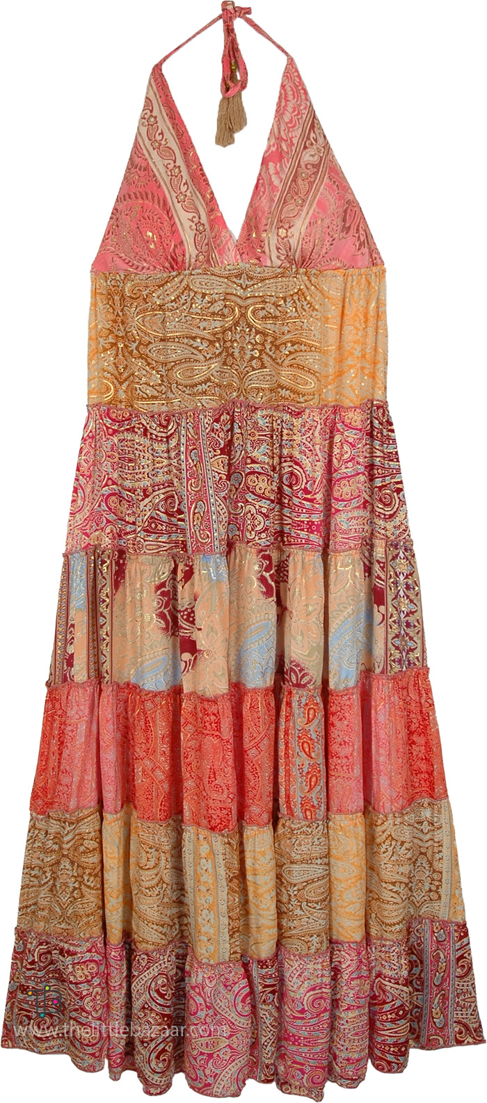 Paisley Patchwork Tiered Backless Halter Maxi Dress