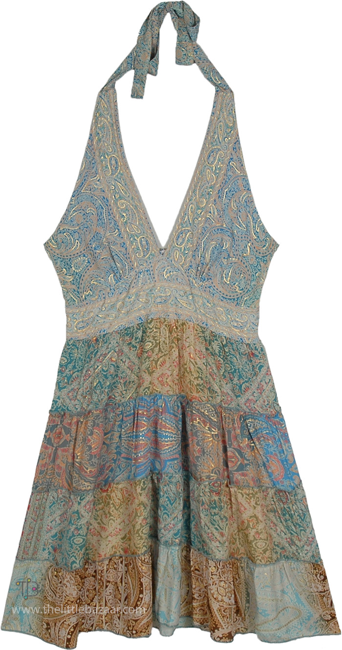 Coastal Paisley Patchwork Tiered Halter Neck Dress