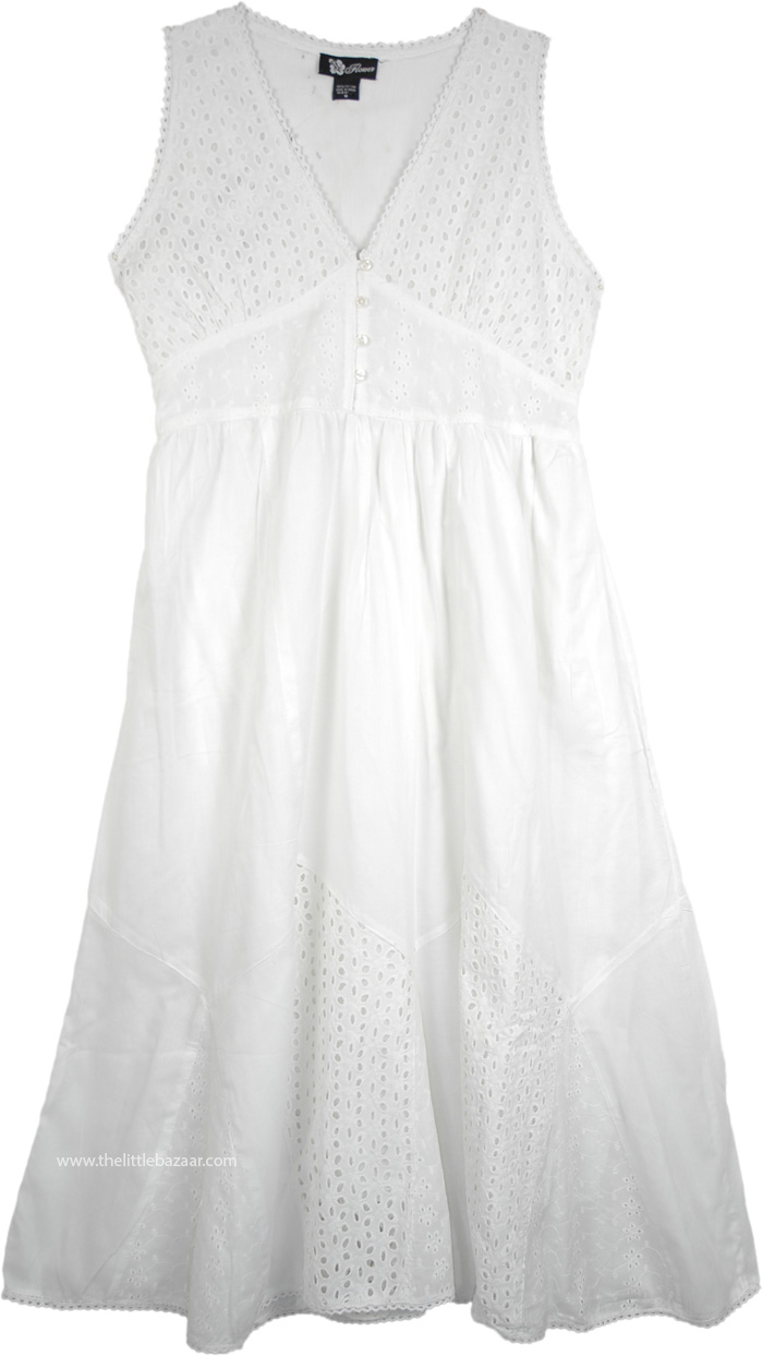 Pure White Cotton Boho Dress in Eyelet ...