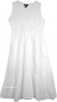 Calf Length Boho White Cotton Dress with Embroidered Patchwork [4839]