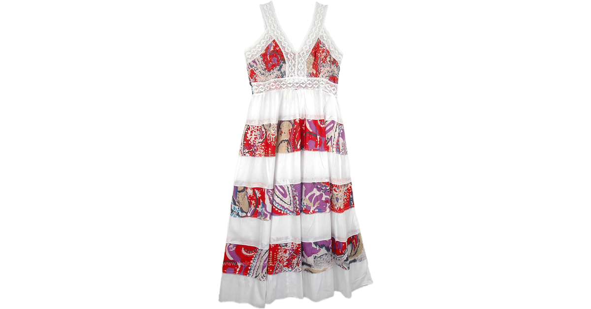 Tiered Printed Long Cotton White Dress | Dresses | White | Sleeveless ...