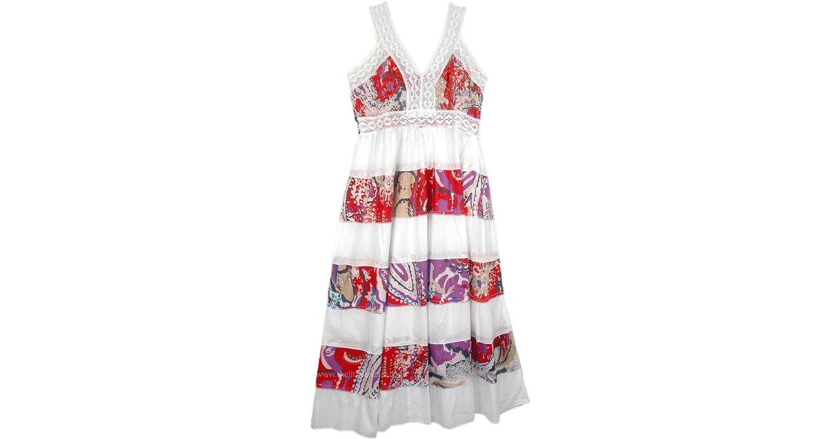 Sale:$19.99 Tiered Printed Long Cotton White Dress