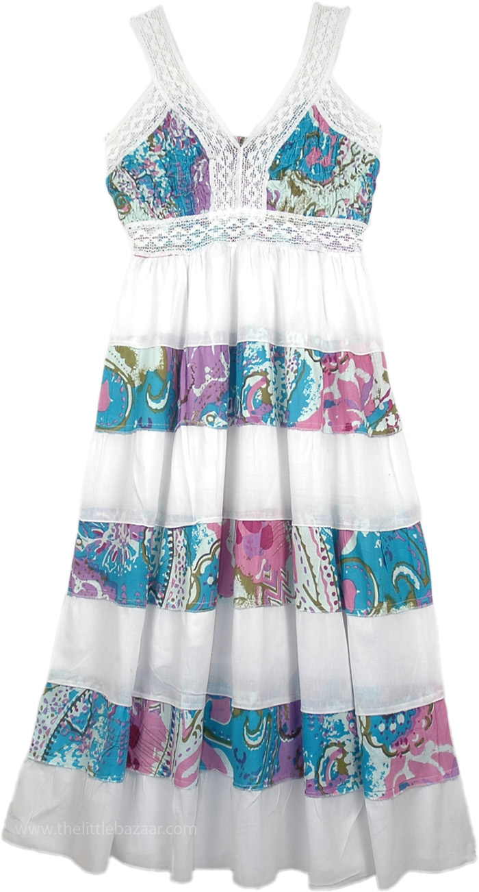 White Blue Floral Summer Long Dress