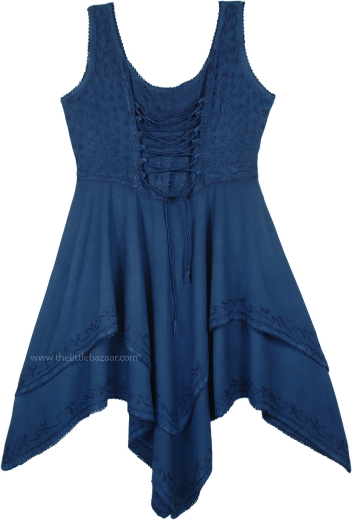 Indigo Soft Western Rodeo Embroidered Handkerchief Hem Dress