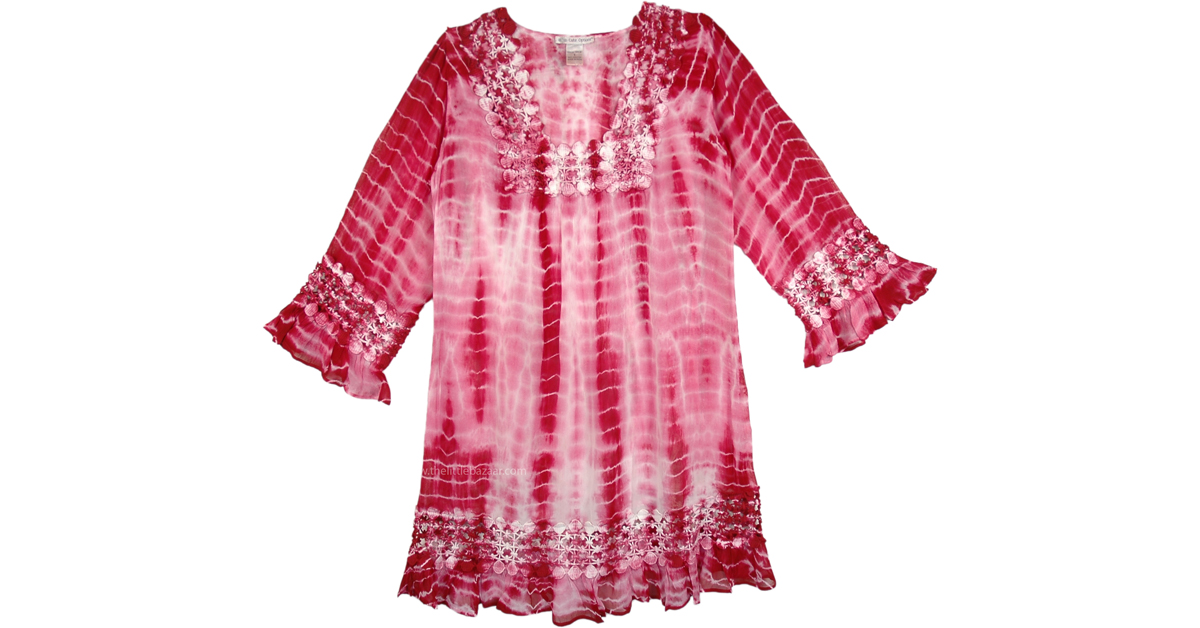 Gypsy Rose Crochet Tie Dye Tunic Top Long Shirt TunicShirt Pink