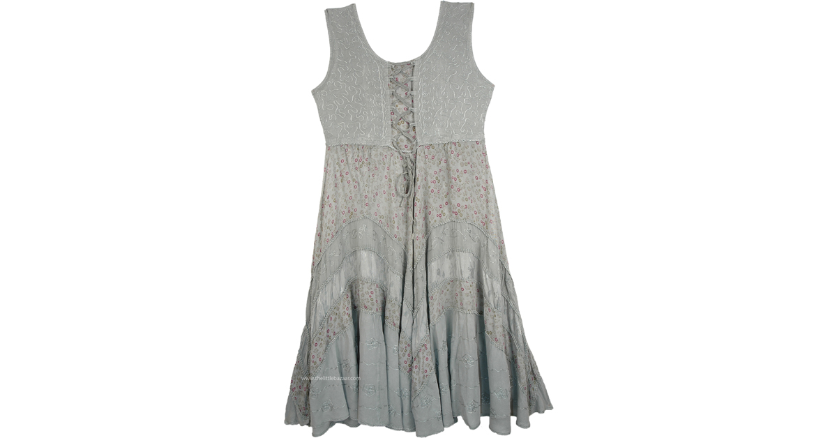 Silver Gray Long Peasant Tiered Dress Dresses Grey Sleeveless, Embroidered, Misses