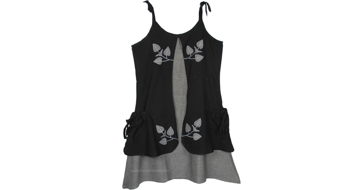 Grey Tunic Dress with Attached Open Front Top in Black | Dresses | Black |  Sleeveless, Applique, XL-Plus, Misses, Pocket, Beach, Gift, Solid, Handmade