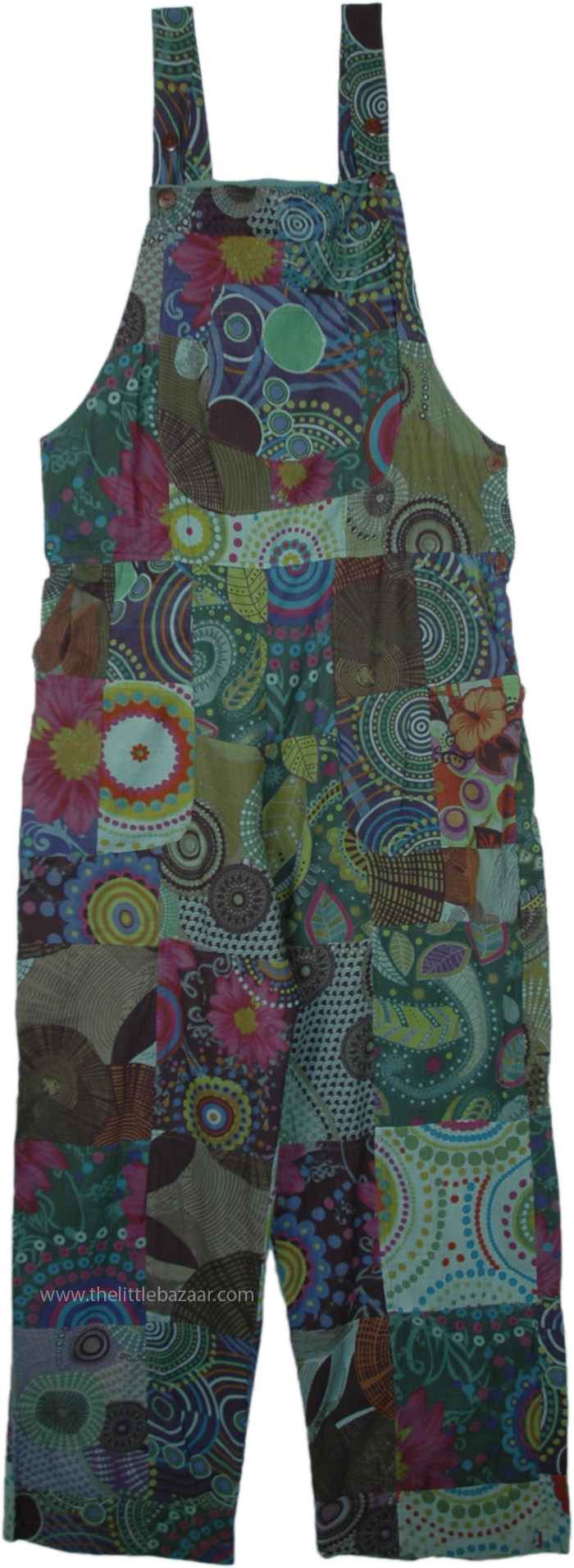 Yogi Green Hippie Patchwork Cotton Overalls Jumpsuit