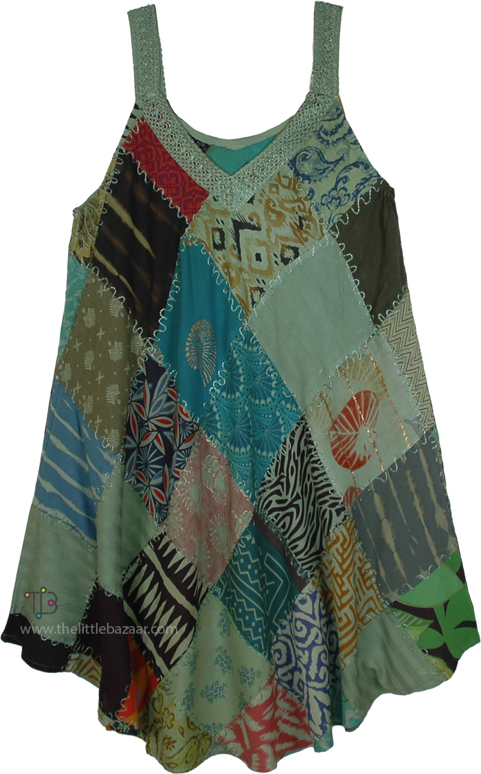 Jade Beauty Patchwork Dress with Hi Low Hemline, Emerald Mosaic Boho Patchwork Mid Length Dress