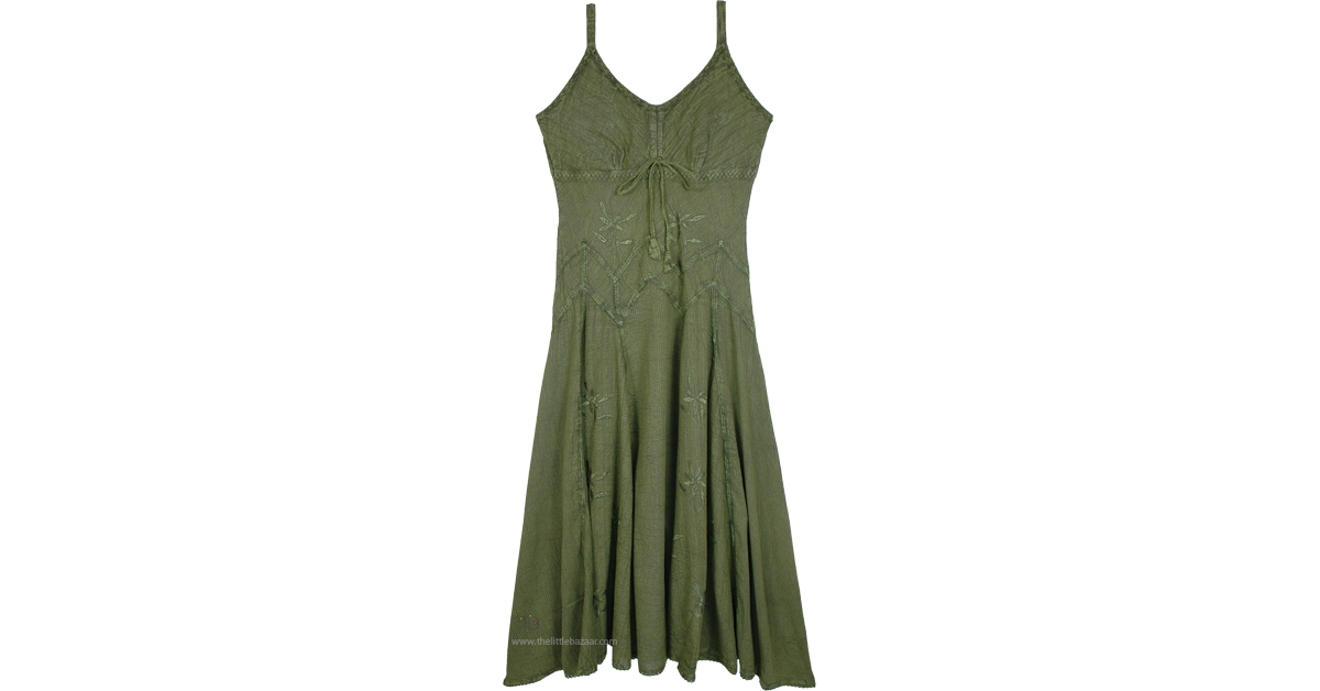 Green Goddess Flowing Cotton Boho Dress-L by TLB