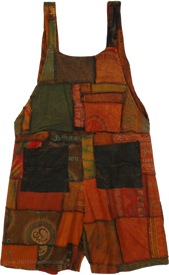 Rustic Patches Cotton Short Overall with Pockets