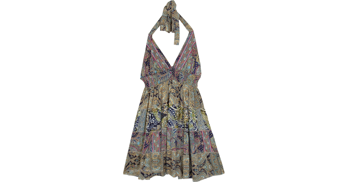 Extravagant Paisley Short Backless Halter Dress in Poly and Silk by TLB