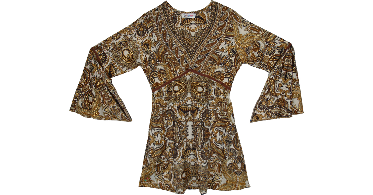 Golden Paisley Short Dress with Bell Sleeves-Regular in Polyester and Silk Blend by TLB
