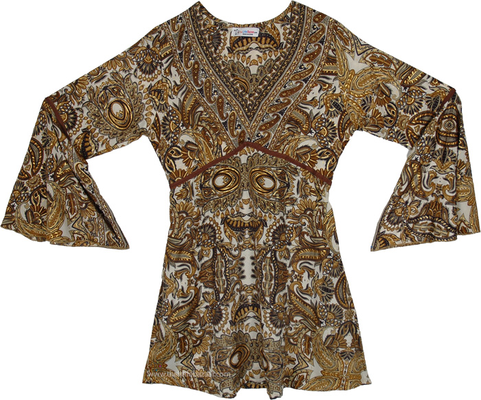Golden Paisley Short Dress with Bell Sleeves