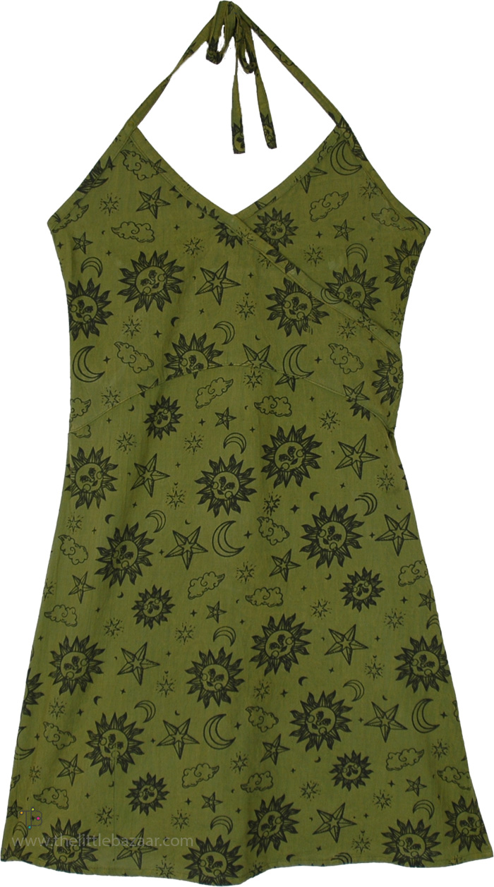 Strappy Knee Length Summer Dress with Celestial Print, Emerald Night Sky Knee Length Halter Sundress