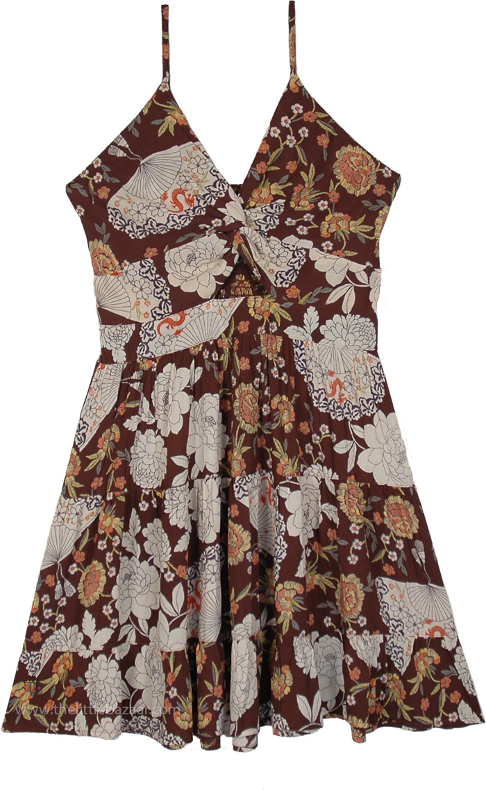 Deep Brown Peony Twist Cut-Out Mini Dress