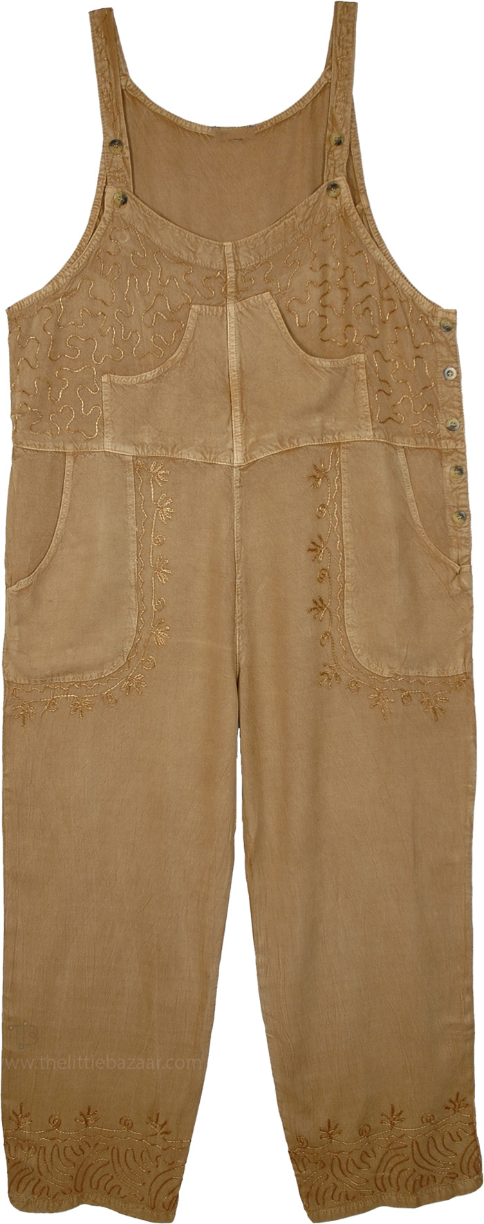 Hippie Chic Sleeveless Camel Embroidered Overalls , Camel Embroidered Wide Leg Lounging Overalls