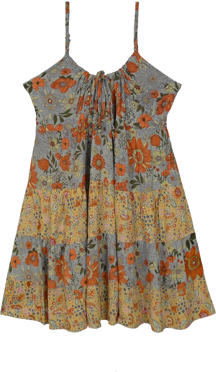 Retro Orange Floral Tiered Flowy Boho Mini Dress, Slate and Sunflower Tiered Strappy Mini Dress