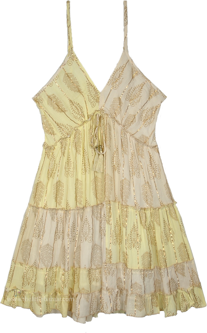 Lemon Cream Shimmer Boho Tiered Sundress