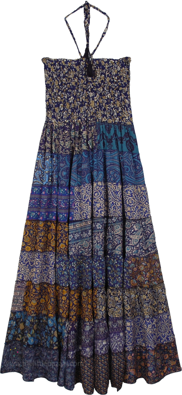 Sustainable Bohemian Smocked Tiered Long Dress , Sapphire Bazaar Patchwork Tiered Maxi Dress