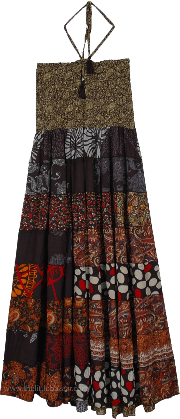 Sustainable Bohemian Smocked Tiered Long Dress , Spice Market Patchwork Tiered Maxi Dress