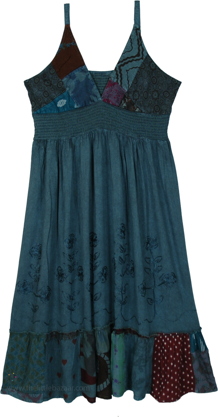 Peacock Lagoon Patchwork Boho Midi Sundress