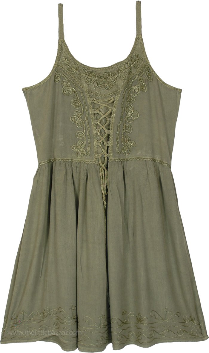 Olive Thistle Lace-Up Babydoll Boho Dress
