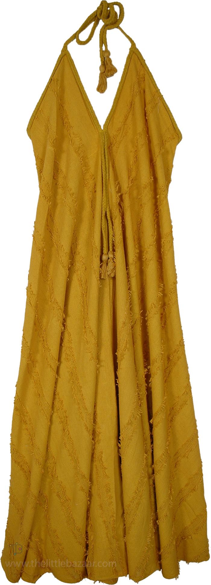 Marigold Frayed Backless Peasant Maxi Dress