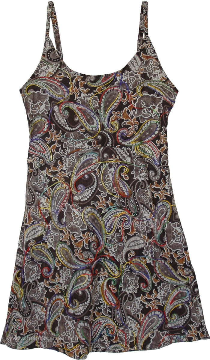 Jet Black Bloom Paisley Cami Dress with Embroidery , Onyx Cocoa Paisley Cotton Knee Length Sundress