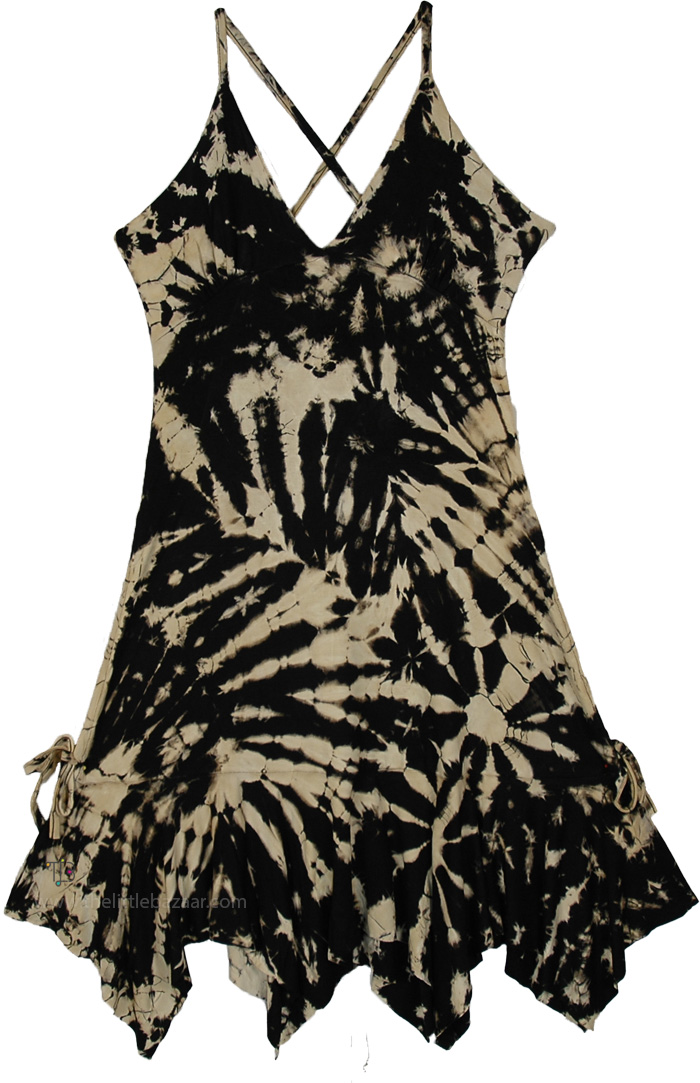 Black Beige Tie-Dye Handkerchief Fairy Dress, Onyx Cream Nymph Tie Dye Boho Pixie Dress