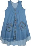 Blue Cotton Dress with Two Layers and Floral Front Pockets [6067]