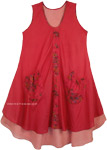 Crimson Red Cotton Dress with Two Layers and Floral Front Pockets [6068]