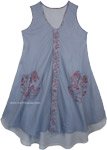 Grey Cotton Dress with Two Layers and Floral Front Pockets [6069]