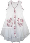 White Cotton Dress with Two Layers and Floral Front Pockets [6070]