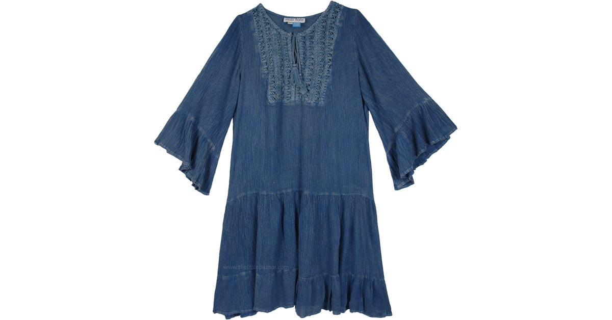 Denim Blue Acid Wash Rayon Dress with Crochet Detail