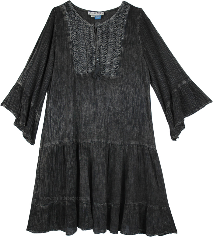 Spooky Gray Acid Wash Dress with Crochet Tie Front | Dresses | Grey ...