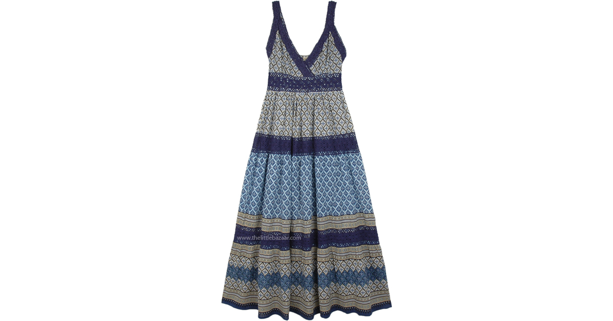 Sleeveless Cotton Hippie Long Dress with Crochet Lace | Dresses | Blue ...