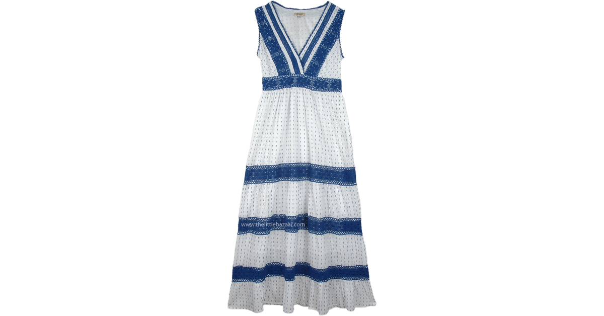blue and white long summer dress Sail to Sable Flutter Sleeve Eyelet Midi Dress